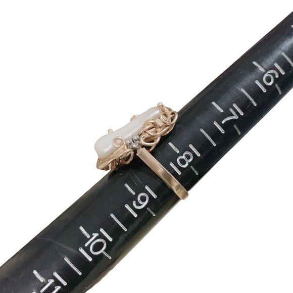 Vintage .585 14K Solid Yellow Gold Baroque Pearl & Diamond Estate Ring Sz 8.5 - Picture 11 of 12
